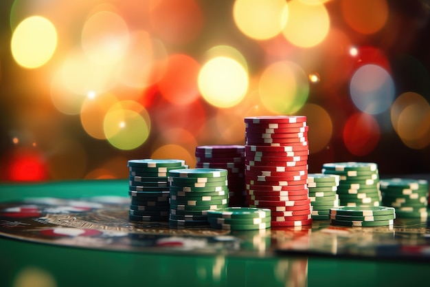 Green and red casino chips Chips on a green table on a bokeh background Columns of chips Elements