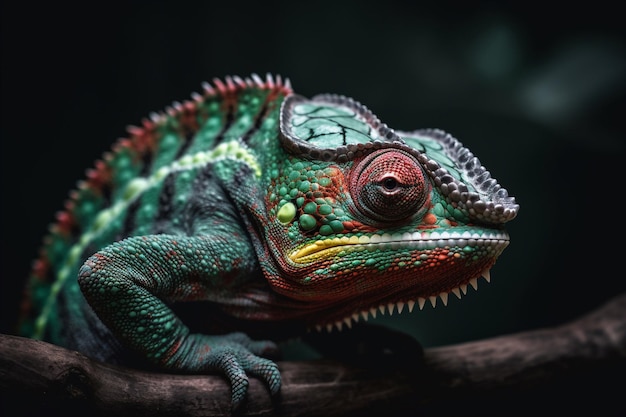 A green and red chameleon sits on a branch.