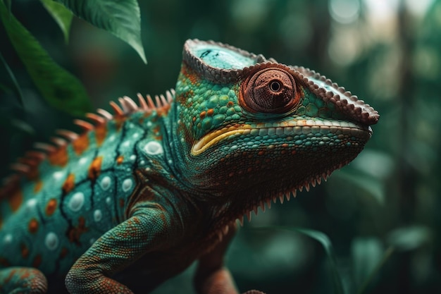 A green and red iguana is sitting on a branch in a jungle.