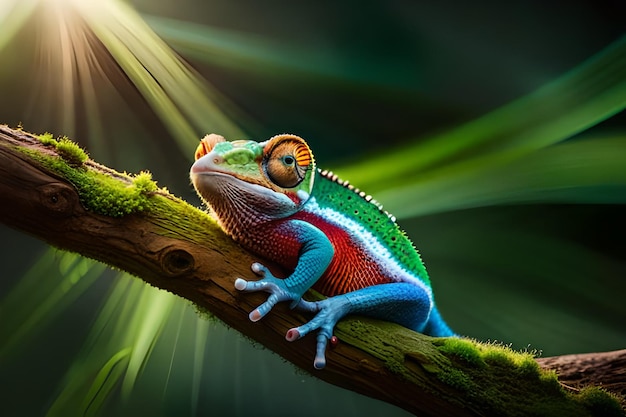 A green and red lizard sits on a branch in the jungle.