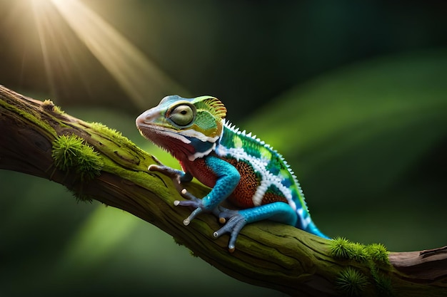 A green and red lizard sits on a branch with the sun shining on it.