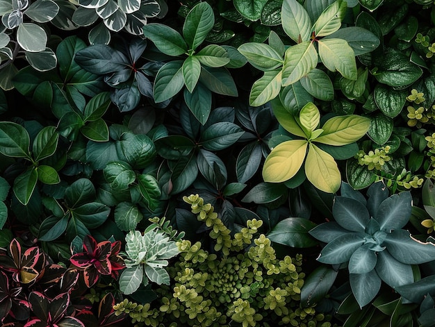 a green and red plant with many different plants and flowers