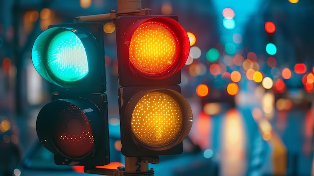 Green and red traffic lights illuminated against the backdrop of a blurry city evening streetscape