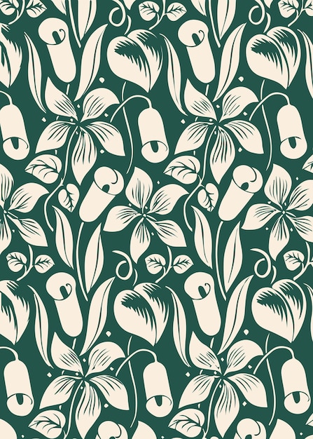 Green Retro Floral Botanical Handdrawn Nature Art Fabric Pattern Hand painted flowers