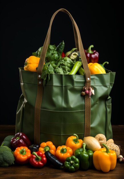 Green reusable grocery bag filled with variety of fresh vegetables