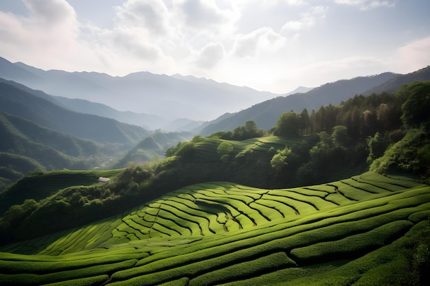 A green rice field with mountains in the background