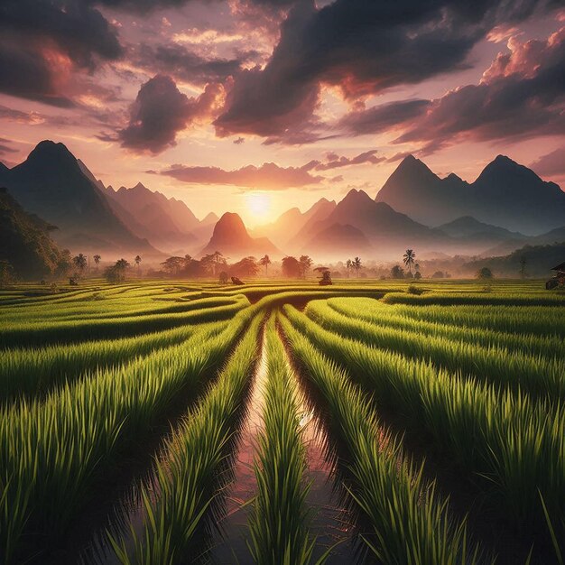 Photo green rice fields with mountains in the background at sunset