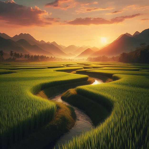 Photo green rice fields with mountains in the background at sunset