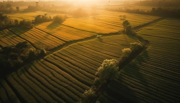 Green rice paddy meadow tranquil sunset beauty generated by AI