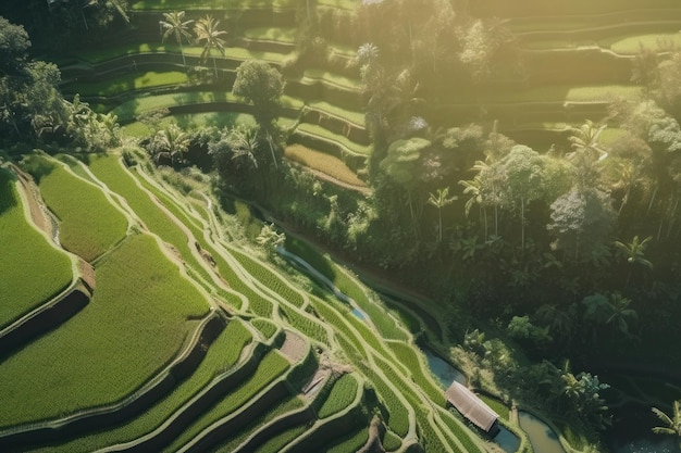 Green rice terraces with warm morning sunlight Illustration AI GenerativexA