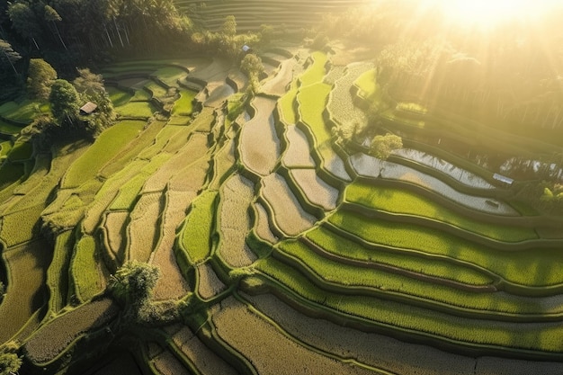 Green rice terraces with warm morning sunlight Illustration AI GenerativexA