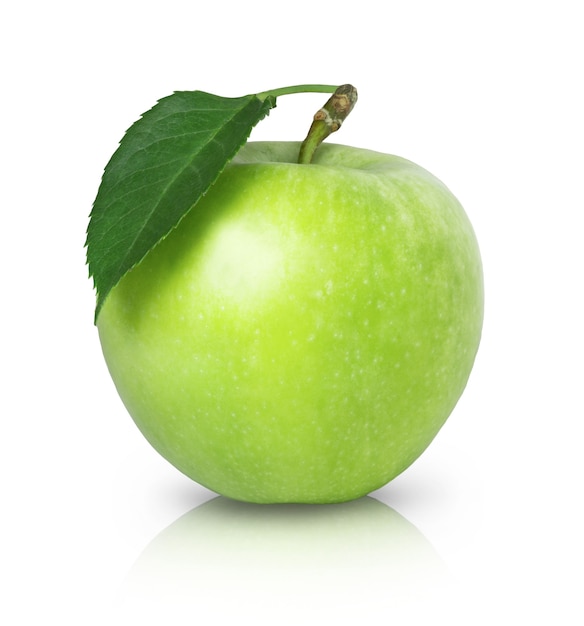 Green ripe apple with leaf isolated