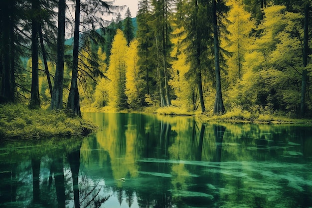 A green river in the forest with a blue lake in the background.