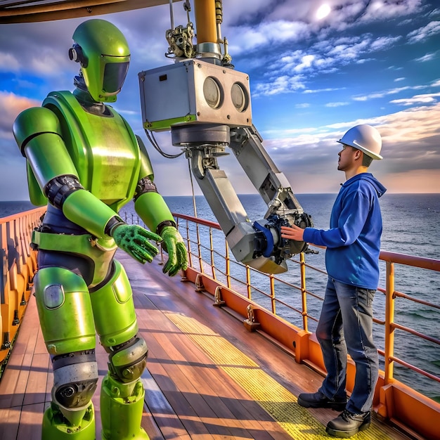 Photo a green robotic deckhand operates a futuristic piece of machinery on a ships deck showcasing the automation of maritime tasks