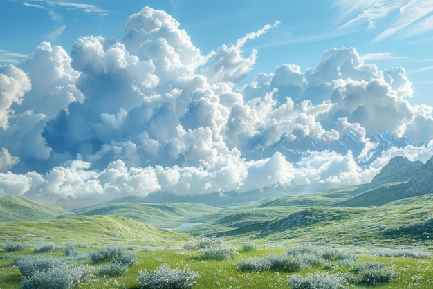 Green rolling hills and blue sky with white clouds