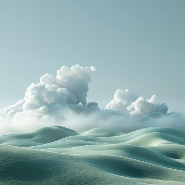 Green rolling hills with clouds in the distance