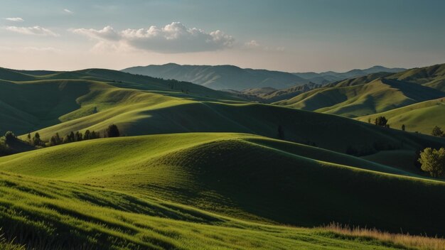 Photo a green rolling hills with a mountain in the background