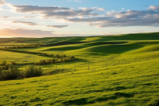 a green rolling hills with a sunset sky