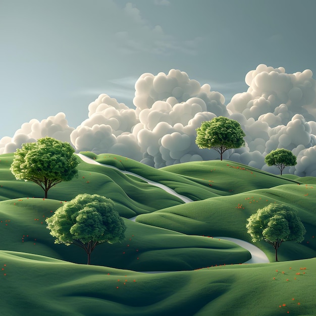 Green rolling hills with trees and clouds