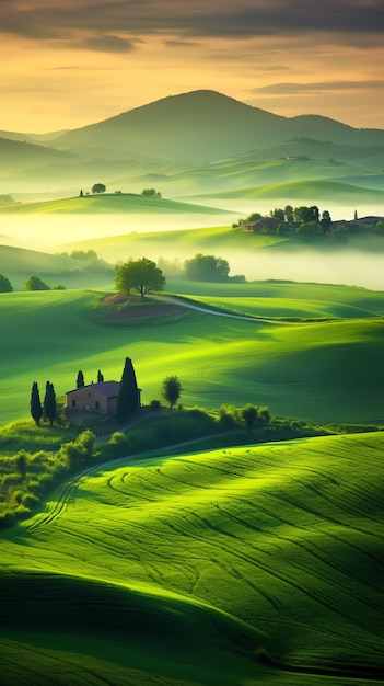 A green rolling hills with trees and houses