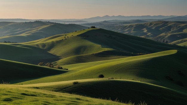 Photo a green rolling hills with a view of the mountains and the hills