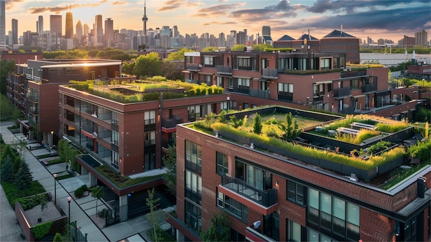 Photo the green roof of a building with the city skyline in the background