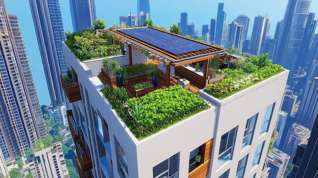 Photo green roof plants growing on top of an urban building with solar panels and a watering system bright daylight