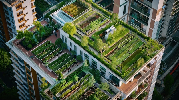 Photo green rooftop gardens and urban farming efforts towards sustainable living in urban areas