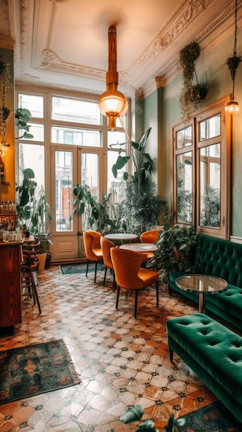 A green room with a green sofa and a green tiled floor.