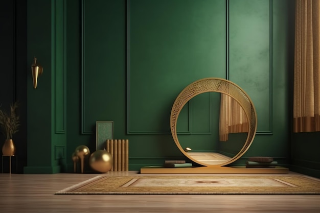 A green room with a round golden frame and a round wooden table.