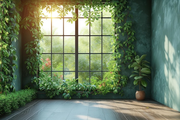 Green room with window and potted plant