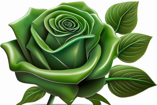 A green rose with leaves on it