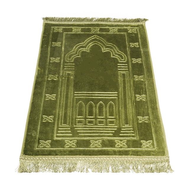 A green rug with a pattern of arabic and arabic architecture