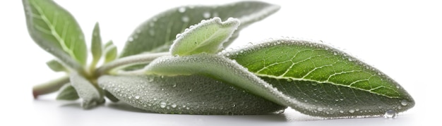 A green sage leaf sits on a white table with water droplets in the background.