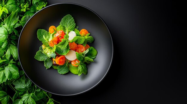 Photo green salad with cherry tomatoes and scallops on black plate