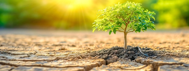 Green sapling on cracked earth under golden sunlight a beacon of life amid desolation