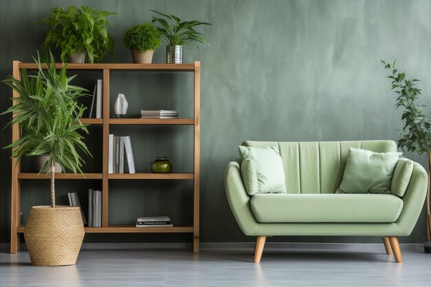 Green Scandinavian Living Room Modern Sofa Chair and Bookshelf Against Green Wall with Plants