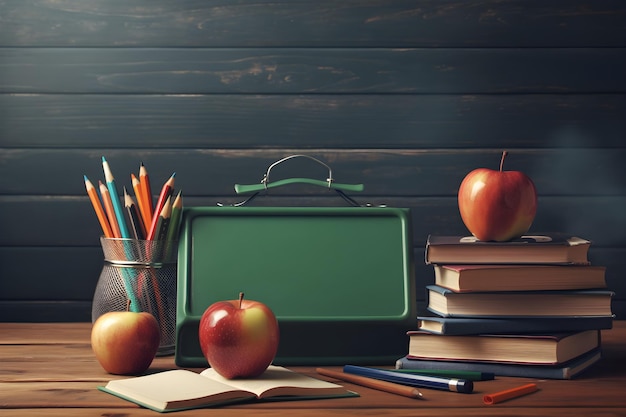 A green school case with a book and a pencil on it