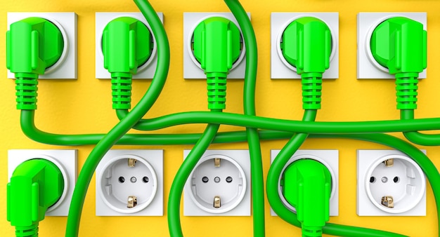 Green Schuko plugs and yellow wall