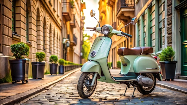 Photo a green scooter is parked on a street with a building in the background