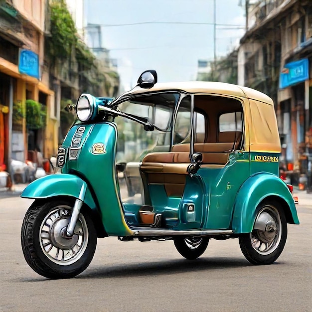 a green scooter with the word  taxi  on the side