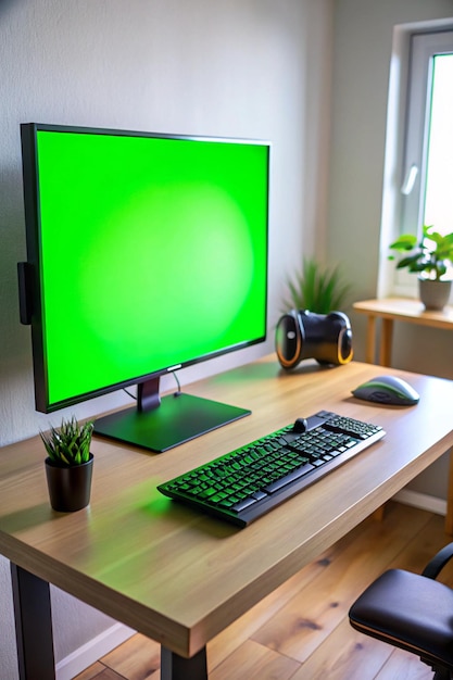 Green screen monitor with powerful personal computer for e cyber sport gamer on the table at home