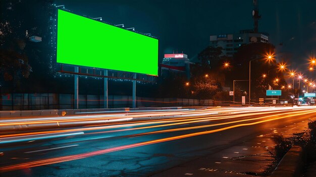 Green screen for Video billboard mock up in the street of the city at night