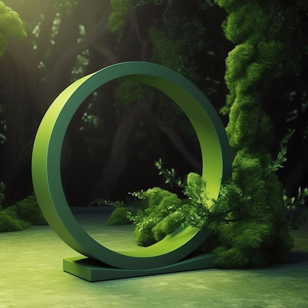 A green sculpture with a green ring in the middle of it.