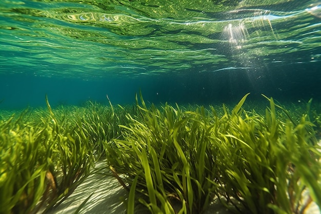 A green sea grass is under water with the sun shining through it.