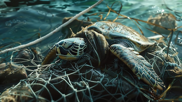 Photo green sea turtle entangled in a discarded fishing net generative ai