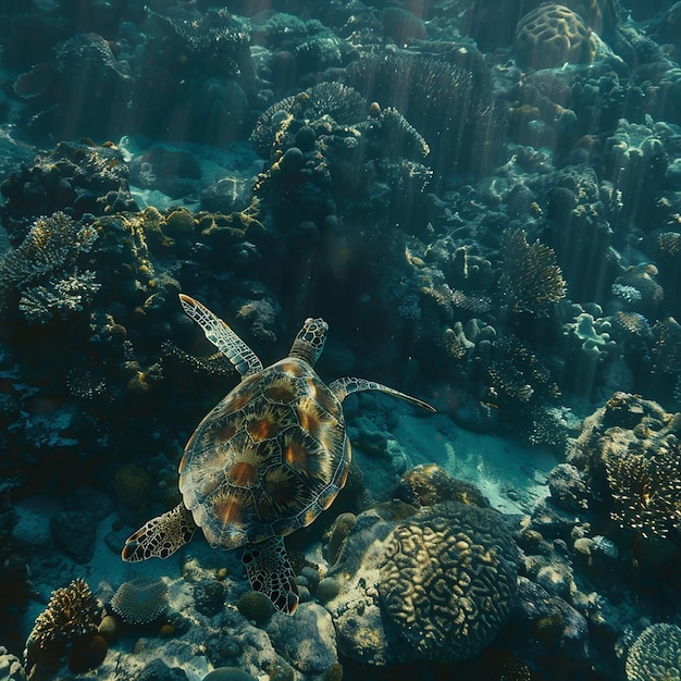 Photo a green sea turtle is swimming next to a coral reef