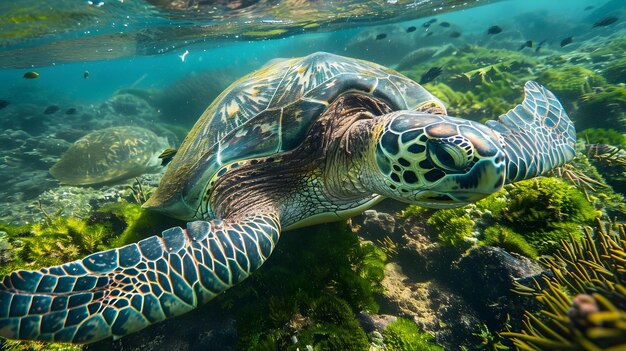 Photo a green sea turtle swimming next to a coral reef