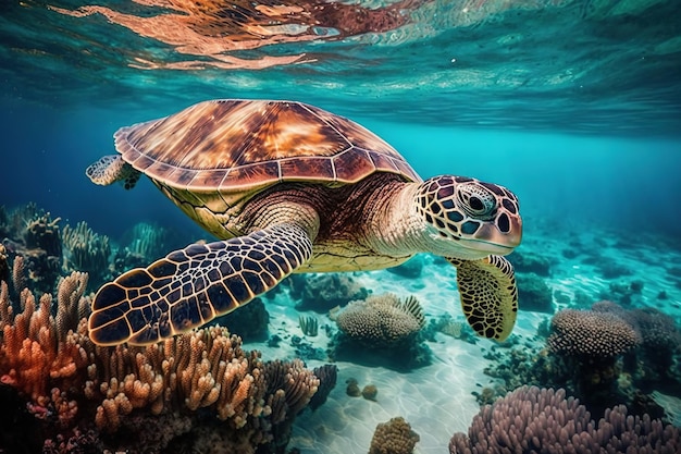 Green sea turtle swimming coral