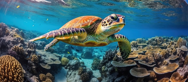 Green Sea Turtle Swimming Through Coral Reef